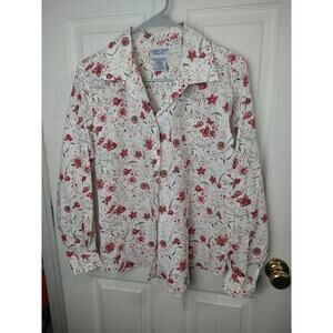 Cabin Creek Woman LP Shirt White Floral Wrinkle Free V Neck Button Long Sleeve